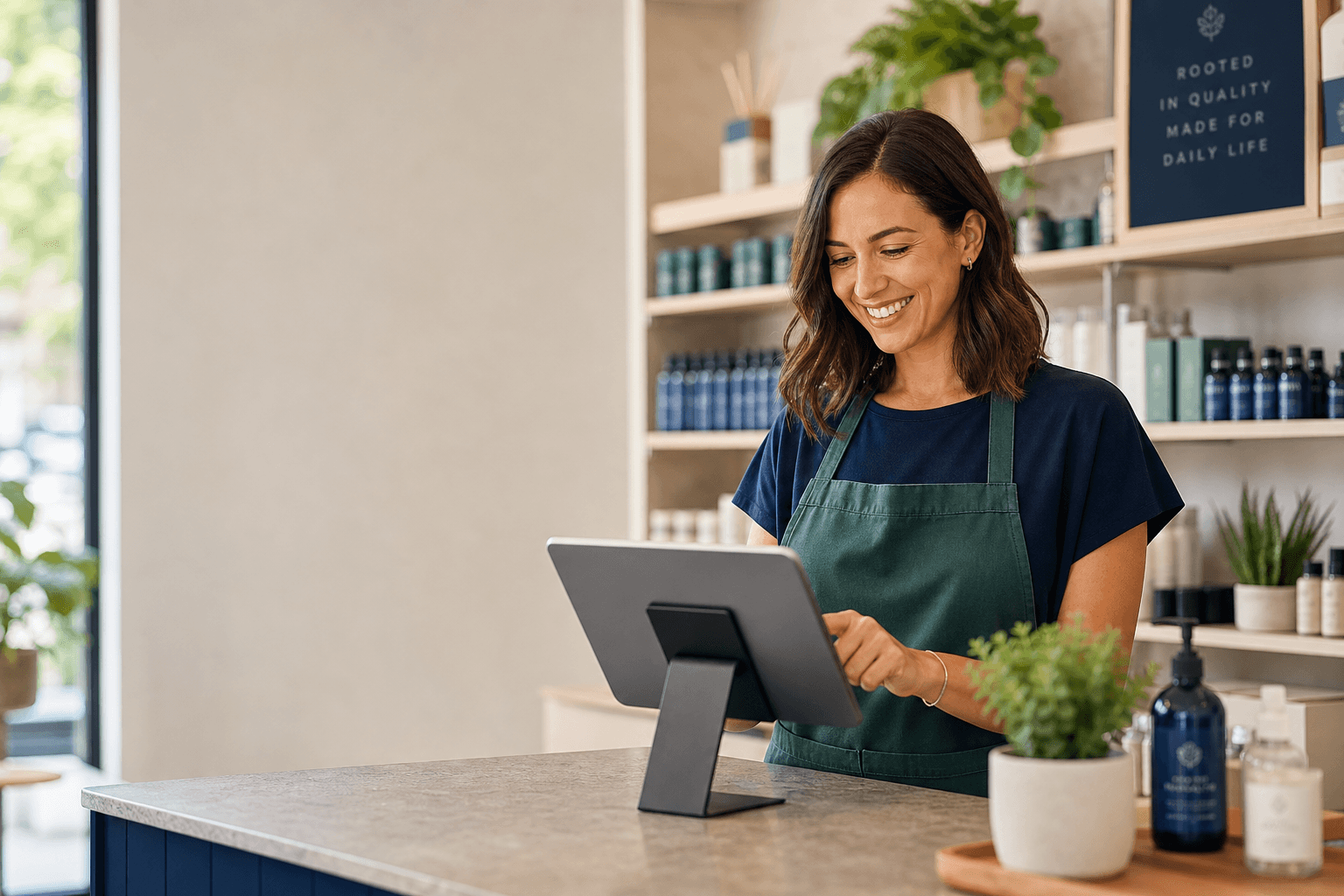 Small business owner running her shop on a Clover point-of-sale system