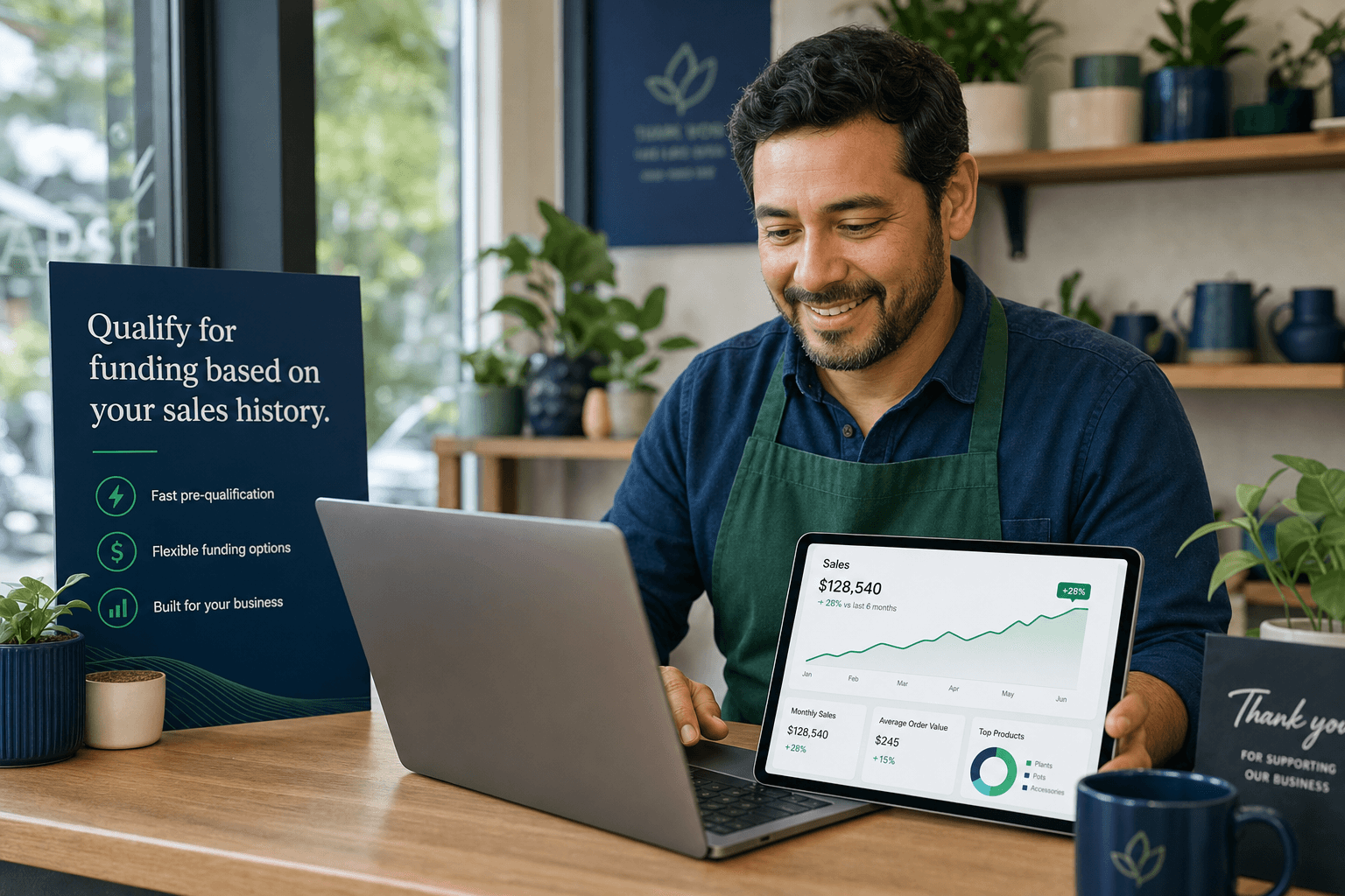 Business owner reviewing sales history and growth on a laptop and tablet dashboard