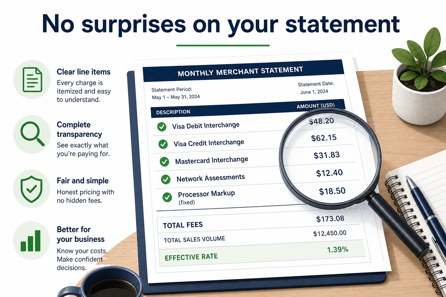Illustration of a merchant statement with itemized interchange, network assessments, and fixed processor markup