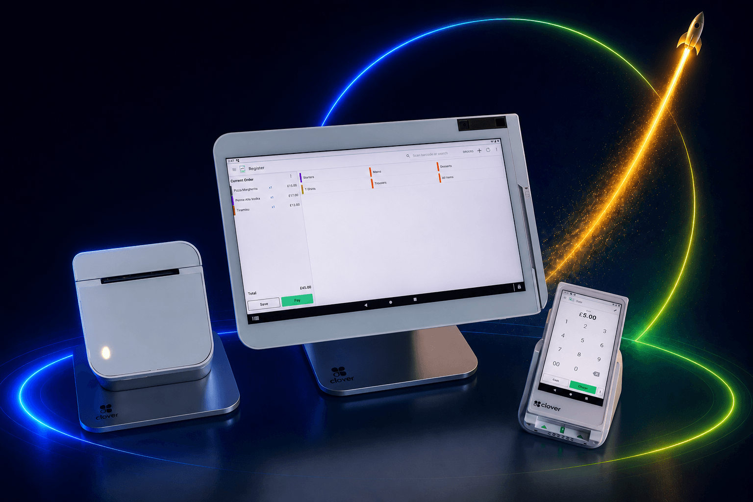 Clover POS station, receipt printer, and Flex terminal on a reflective surface with neon lighting