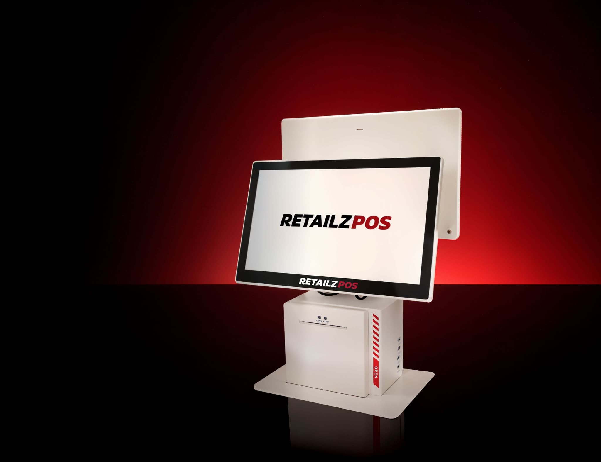 RetailzPOS counter setup with dual-screen register and scanner