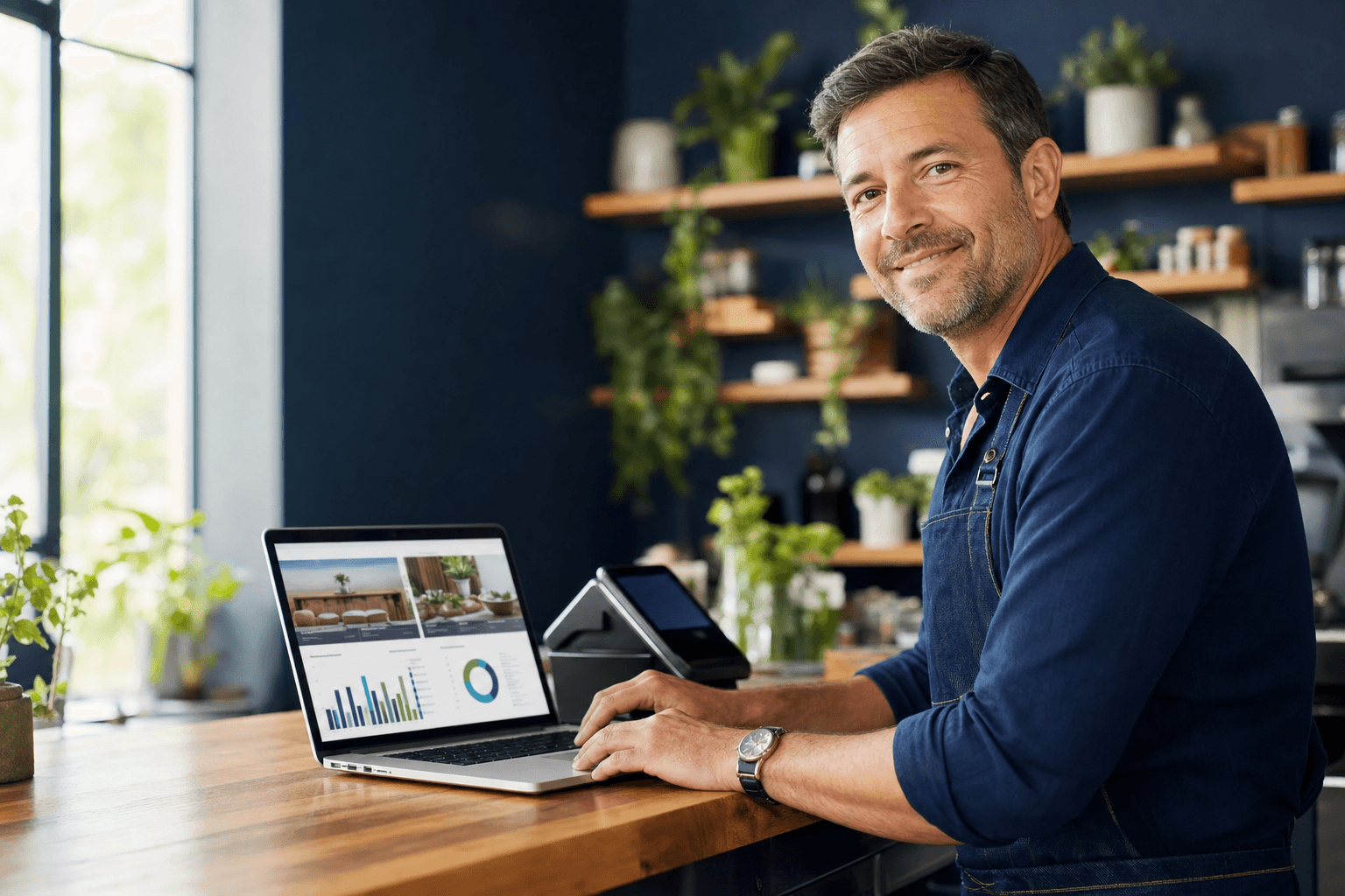 Local business owner reviewing website and analytics on a laptop beside a POS terminal