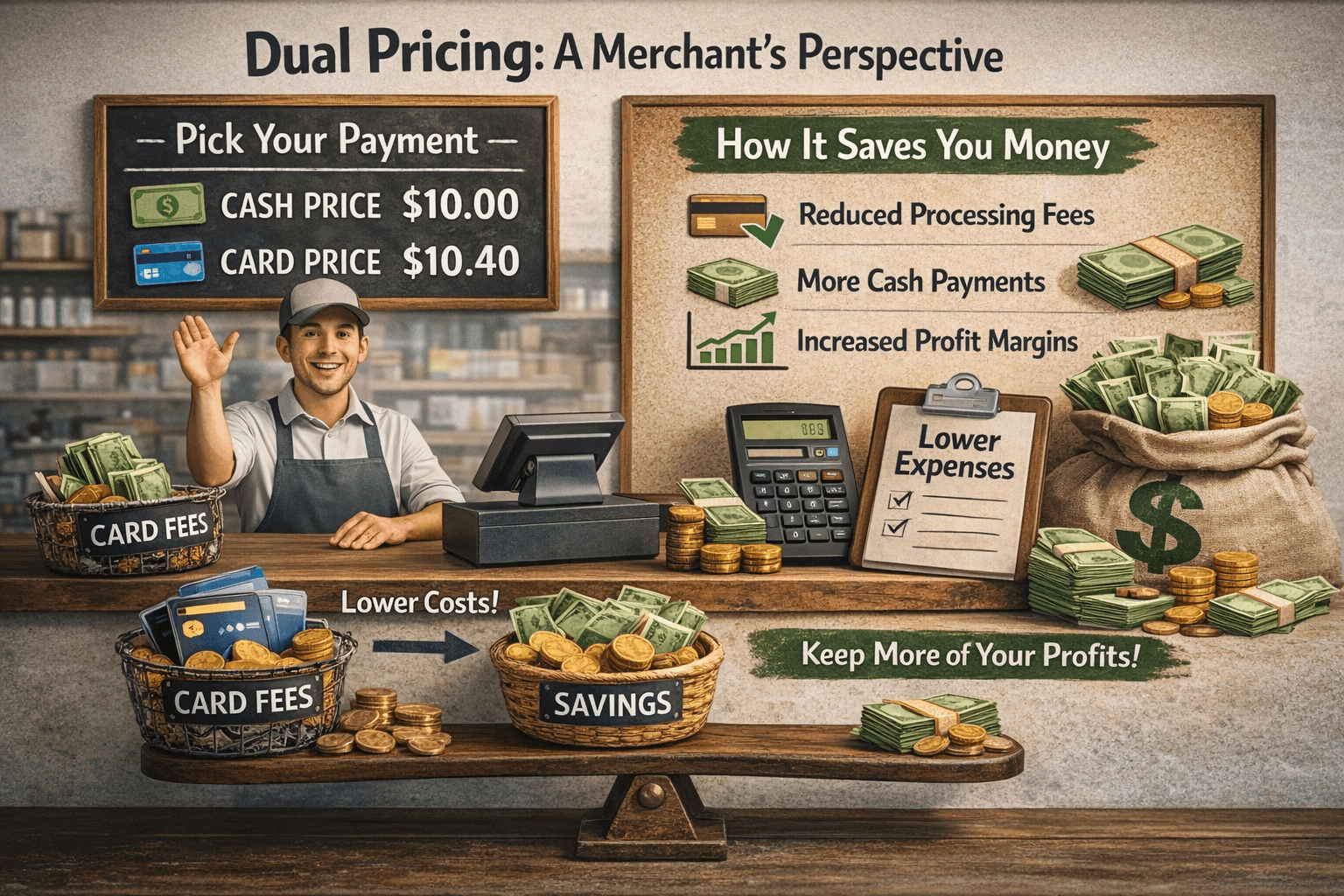 Diagram showing posted cash and card prices at checkout with dual pricing